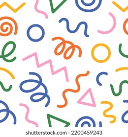 Seamless pattern of funny colorful doodle lines. A creative artistic background in a minimalist style for children or a fashionable design with basic shapes. Memphis Style