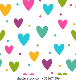 Seamless pattern with funny colorful hearts on white background, vector texture for web, textile or typography design