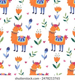 Seamless pattern with funny colorful lamas and flowers on white. Great for fabrics, wrapping papers, wallpapers, covers. Vector illustration in flat style