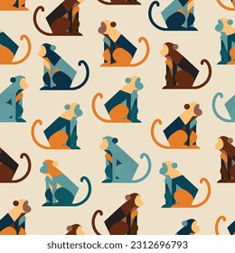 Seamless pattern with funny colorful monkey. Abstract geometric monkey on light background