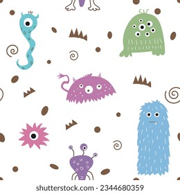 Seamless pattern. Funny and colorful monsters. Vector.