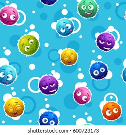 Seamless pattern with funny colorful round characters. Vector childish texture