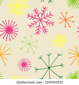 Seamless pattern with funny colorful snowflakes. Winter holiday wrapping paper or background.