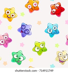 Seamless pattern with funny colorful star characters. Vector childish texture.