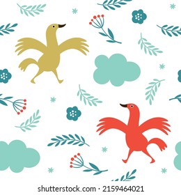 Seamless pattern with funny colors birds and branches. Fabric pattern, kids apparel print, wrapping paper	
