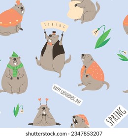 Seamless pattern with funny comic groundhogs in different costumes flat style, vector illustration on blue background. Decorative design for wrapping and packaging, spring season, Happy Groundhog Day