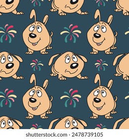 Seamless pattern, funny comical dogs on a blue background. Baby background, textile, print, vector