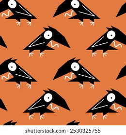 Seamless pattern with a funny comical raven. Repeat print with a black cartoon bird running across an orange field and screaming. Simple graphic design with cute scared crow. Vector Illustration.