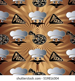 Seamless pattern with funny cook and  italian pizza. Restaurant menu italian pizza background. Vector design for cafe, bistro, restaurant,  pizzeria. Elegant endless texture.Italian food background.