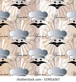 Seamless pattern with funny cook and place for your text. Restaurant menu food background. Vector design for cafe, bistro, restaurant. Modern endless texture.Food pattern.