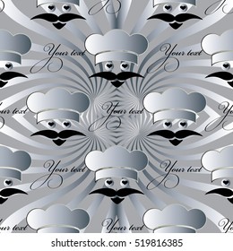 Seamless pattern with funny cook and place for your text. Restaurant menu food background. Vector design for cafe, bistro, restaurant. Modern endless texture.Food pattern.
