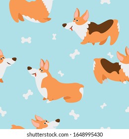 Seamless pattern with funny corgi dogs. Cartoon Corgi. Pattern for fabric, paper, background, texture, postcard, site.