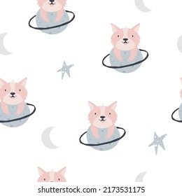 Seamless pattern with funny corgi dogs and planets. Suitable for different prints, nursery decoration, wrapping paper, wallpaper, cloth design.