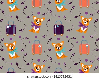 Seamless pattern funny corgi puppy is sitting next to a suitcase. Vector illustration in cardboard style for Scrapbooking, wallpaper, print, digital paper, children's textiles. 