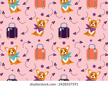 Seamless pattern funny corgi puppy is sitting next to a suitcase. Vector illustration in cardboard style for Scrapbooking, wallpaper, print, digital paper, children's textiles. 