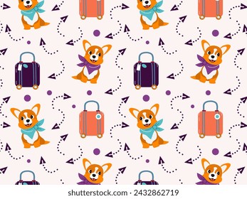 Nahtloses Muster lustiger Corgi Welpe sitzt neben einem Koffer. Vektor-Illustration im Kartonstil für Scrapbooking, Tapete, Druck, digitales Papier, Kindertextilien. 