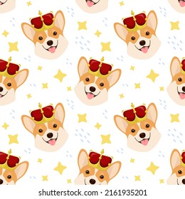 Seamless pattern with funny corgi. The royal dog. Cartoon design.
