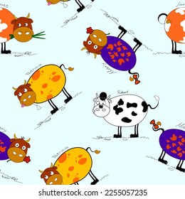 Seamless pattern with funny cows hand drawn in a childish manner suitable for baby wrapping paper textile Vector