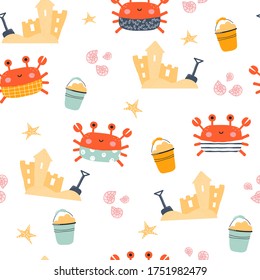 Seamless pattern with funny crab and sand castle. Childish summer print. Vector hand drawn illustration. svg