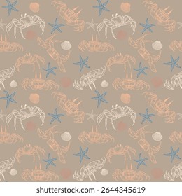 Seamless pattern with funny crabs and starfish. Artistic drawing of sea animals with pen and ink. Beige background. Not AI generated.