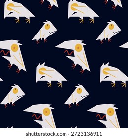 Patrón sin fisuras con divertidos pájaros locos, cuervo blanco asustado. Textil divertido, impresión de Fondo de pantalla, Diseño gráfico de superficie de animales de dibujos animados simples, pájaro gritando sobre fondo oscuro. Ilustración vectorial.