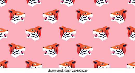 Seamless pattern with funny crazy cartoon tiger heads on pink background vector illustration