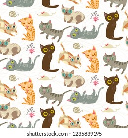 Seamless pattern with funny crazy cats. Cute kitty illustration 