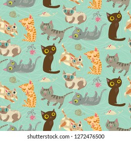 Seamless pattern with funny crazy cats. Cute kitty illustration 