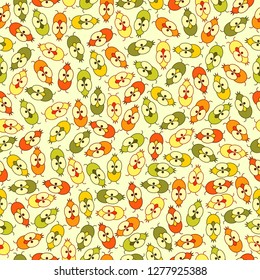 Seamless pattern with funny crazy orange,yellow,green and red birds on a beige background. Print for fabric,wrapping paper,scrapbooking,planners,wallpaper and more