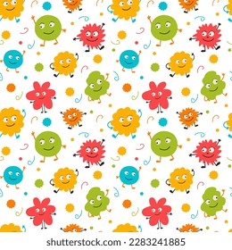 Seamless pattern of funny creatures in bright colors. Vector dancing figures with emotions. Suitable for children's fabrics, bed linen, backpacks, wrappings.