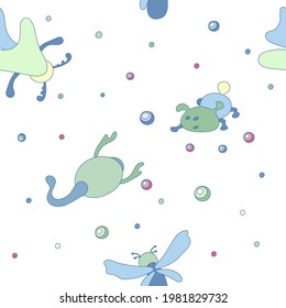 Seamless pattern of funny creatures isolated on a white background. Design for children, textiles, fabrics, paper. Vector illustration.