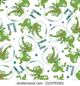 Seamless pattern of funny crocodile astronaut in space with cartoon style. Can be used for t-shirt print, Creative vector childish background for fabric textile, nursery wallpaper and other decoration