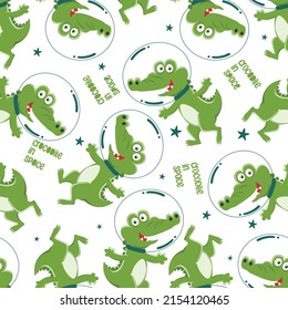 Seamless pattern of funny crocodile astronaut in space with cartoon style. Can be used for t-shirt print, Creative vector childish background for fabric textile, nursery wallpaper and other decoration