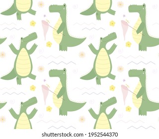 Seamless pattern with funny crocodile in cartoon style.