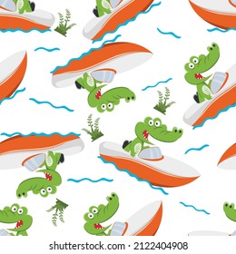 Seamless pattern of Funny crocodile cartoon vector on speed boat with cartoon style, Creative vector childish background for fabric, textile, nursery wallpaper, poster, card, brochure. and other decor