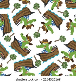 Seamless pattern of funny crocodile on little boat with cartoon style. Can be used for t-shirt printing, children wear fashion designs, baby shower invitation cards and other decoration.