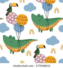 seamless pattern with funny crocodile - vector illustration, eps