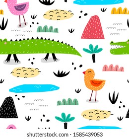 Seamless pattern with funny crocodiles, birds, lakes, mountains, decor elements. colorful vector for kids. Handmade flat style drawing. baby design for fabric, textile, print, wrapper