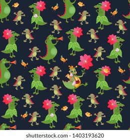 Seamless pattern with funny crocodiles and cheerful green dino with flowers on black background. Print for fabric for baby.
