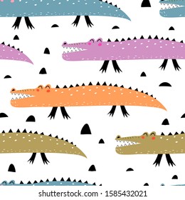 Seamless pattern with funny crocodiles, decor elements. colorful vector for kids. Handmade flat style drawing. baby design for fabric, textile, print, wrapper