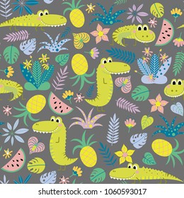 Seamless pattern with funny crocodiles and fruits on a gray background. Children vector background.