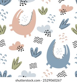 Seamless pattern with funny crocodiles, leaves, clouds. Colorful children's illustration with alligators in abstract style. Design for baby clothes, notepad, fabric, wrapping paper and greeting cards.