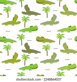 Patrón sin foco con cocodrilos divertidos y palmas. Fondo infantil. Fondo de animal lindo vectorial