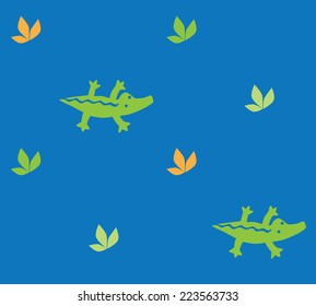 Seamless pattern with funny crocodiles and plants on water. Children vector illustration