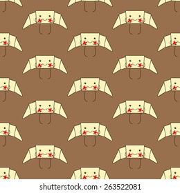 Seamless pattern with funny croissant with red jam cheeks, small eyes, big smile, legs and hands isolated on brown background