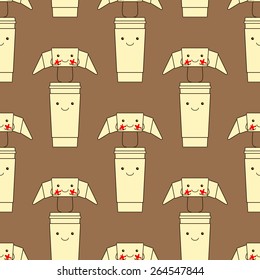 Seamless pattern with funny croissant with red cheeks standing on happy take away coffee cup