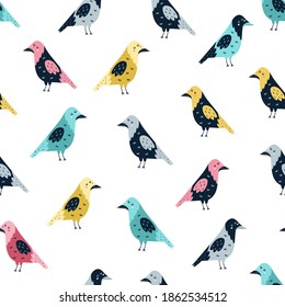 Seamless pattern with funny crows. Forest background with cute birds in Scandinavian style. Woodland print for kids. Vector illustration