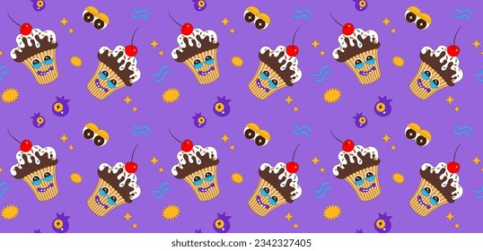 Seamless pattern of funny cupcake characters. Vector illustration of cupcake mascot and funny expressions. Children's funny background.