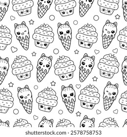 Seamless pattern of funny cupcakes and ice cream in kawaii style with different emotions. Coloring book with characters.Vector illustration	