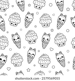 Seamless pattern of funny cupcakes and ice cream in kawaii style with different emotions, isolated character vector illustration on white background	